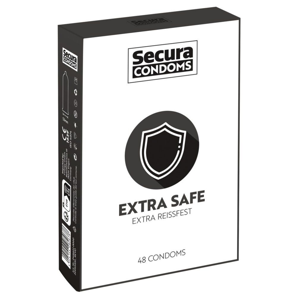 Verpackung von Secura Extra Safe Kondomen. Aufschrift: Extra Safe, 48 Kondome. Logo: Schild.