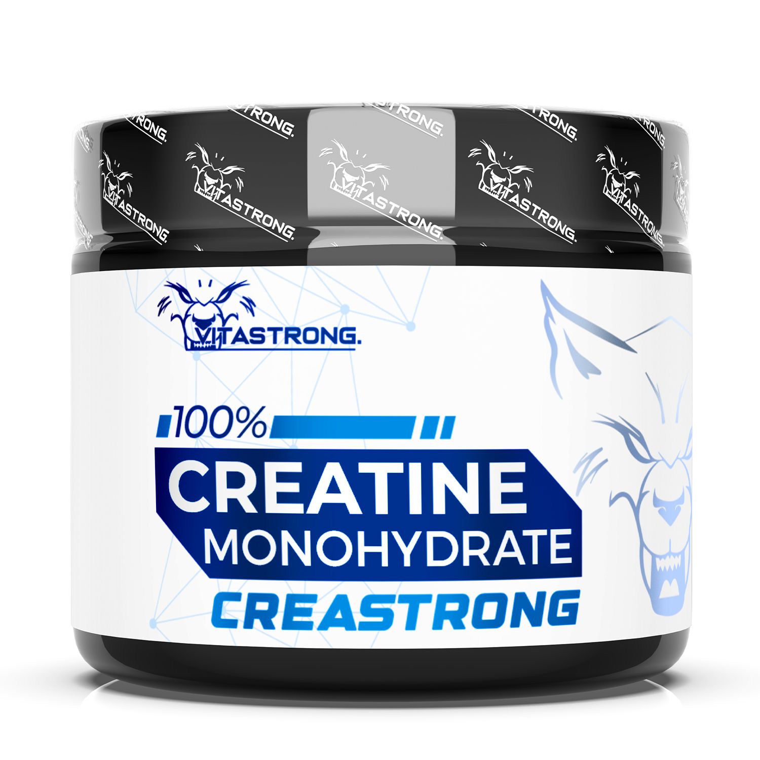 Schwarze Dose mit weißem Etikett. Aufschrift: CREATINE MONOHYDRATE CREASTRONG. Marke: Vitastrong.