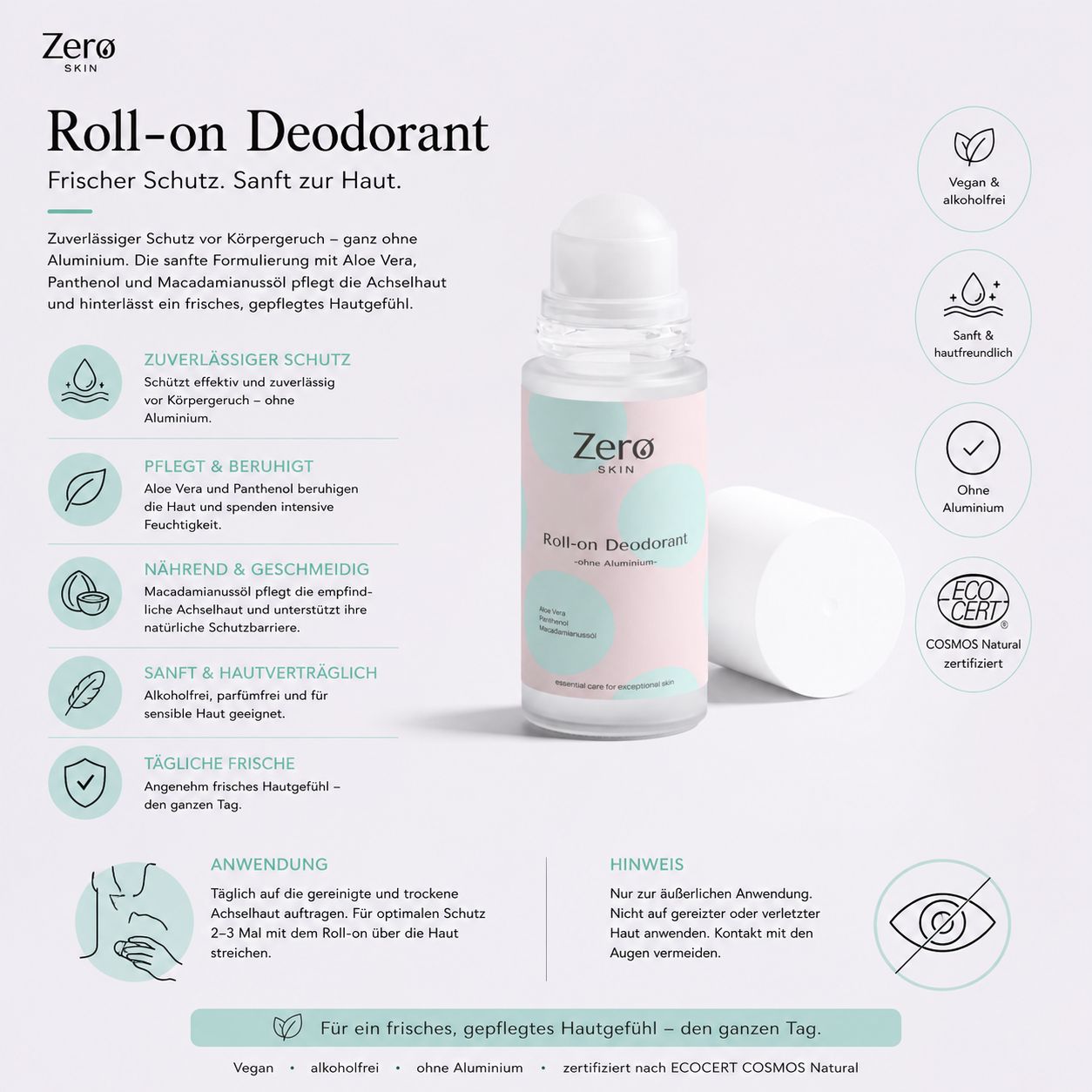 Zero Skin Roll-on Deodorant, ohne Aluminium mkit pflegendem Macadamiaöl