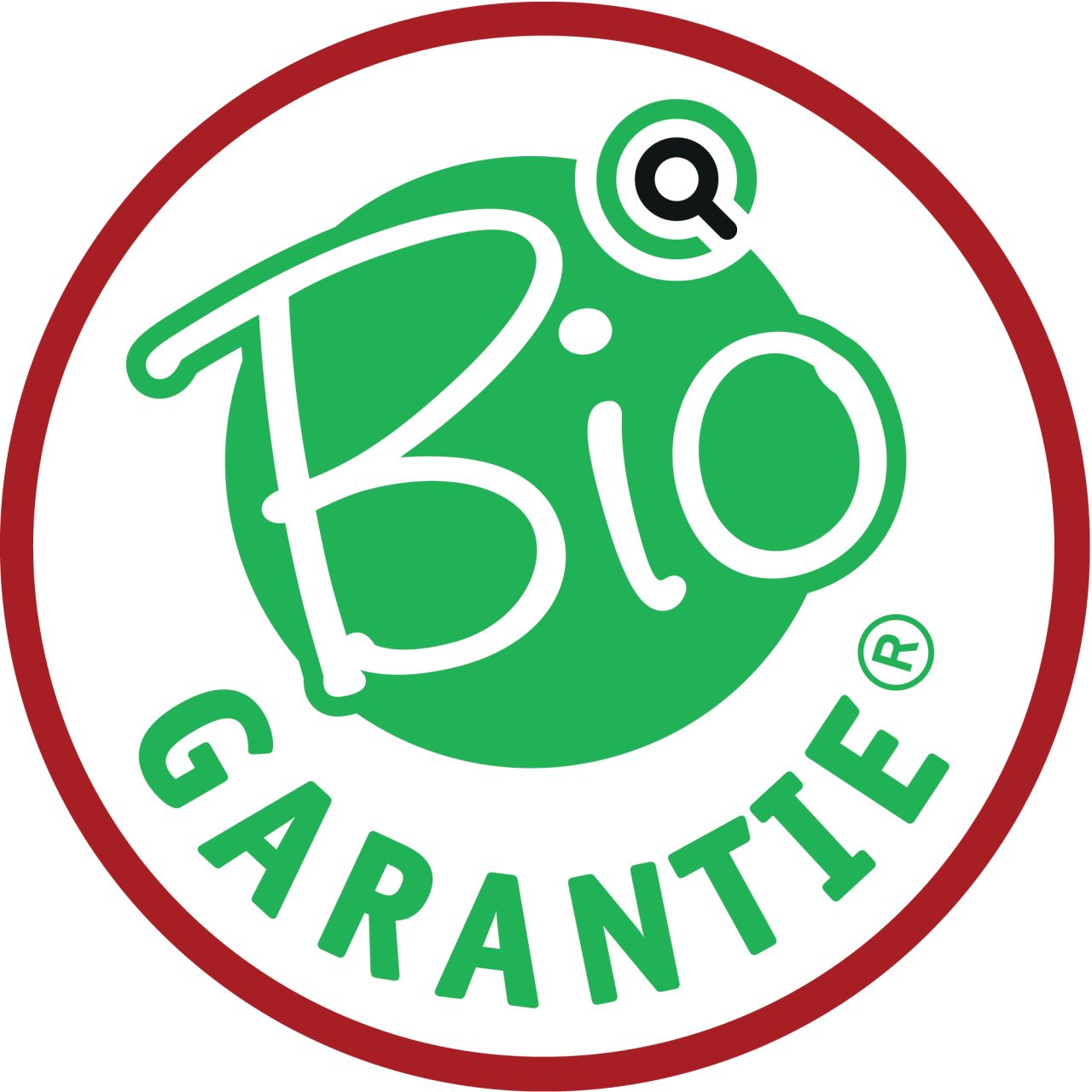 Rundes Bio-Garantie-Siegel in Rot und Grün. Text: Bio Garantie. Logo mit Lupe und Blatt.