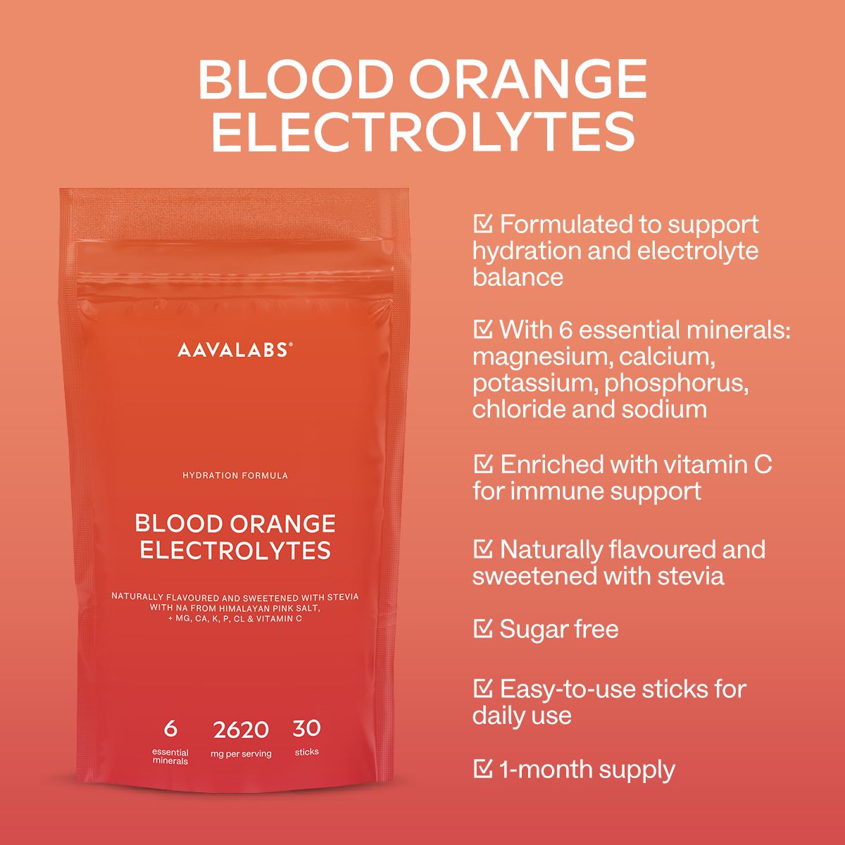 AAVALABS Elektrolyt Pulver Beutel mit Vorteilen, Blutorange.