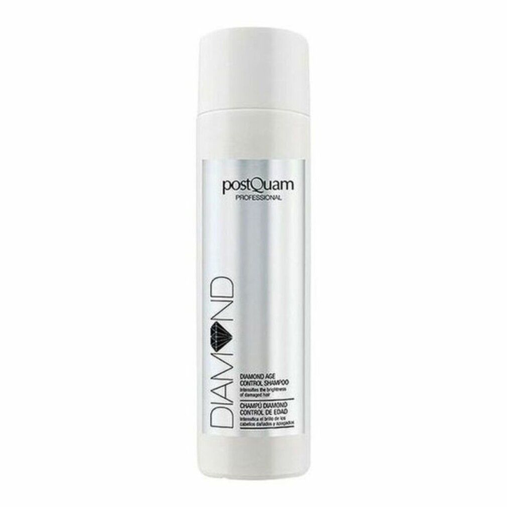 Weiße Shampoo-Flasche mit schwarzem und silbernem Etikett. Aufschrift: DIAMOND, PostQuam Professional, Age Control Shampoo.