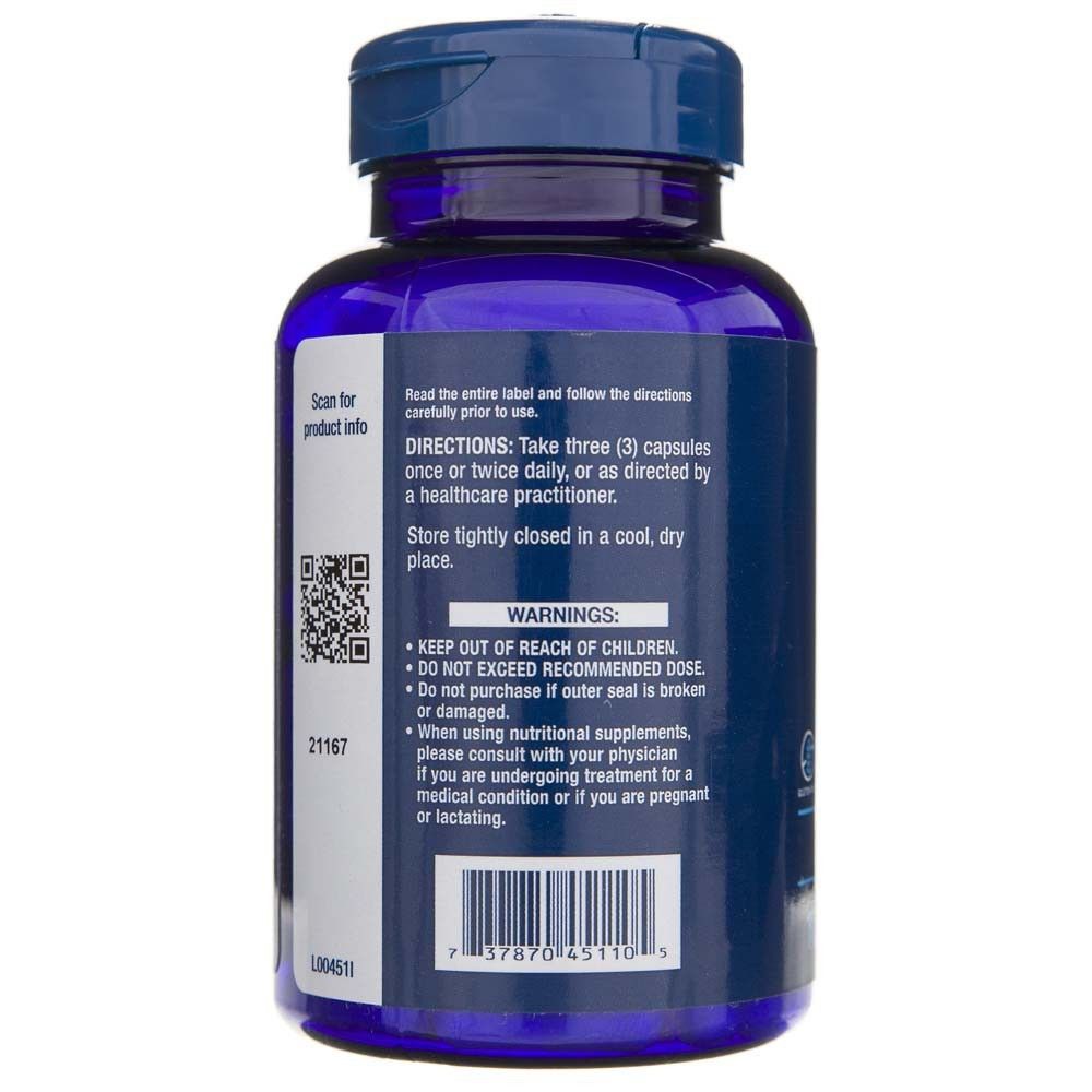 Rückseite der Life Extension MSM 1000 mg Flasche mit Anweisungen und Warnhinweisen.