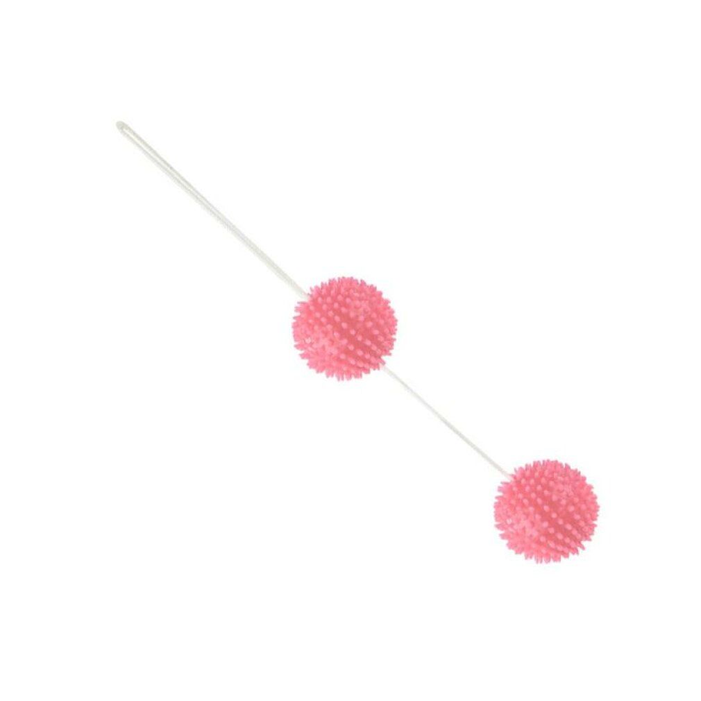 Zwei rosa, stachelige Kugeln, verbunden durch einen weißen Faden. Die Kugeln sind rund.
