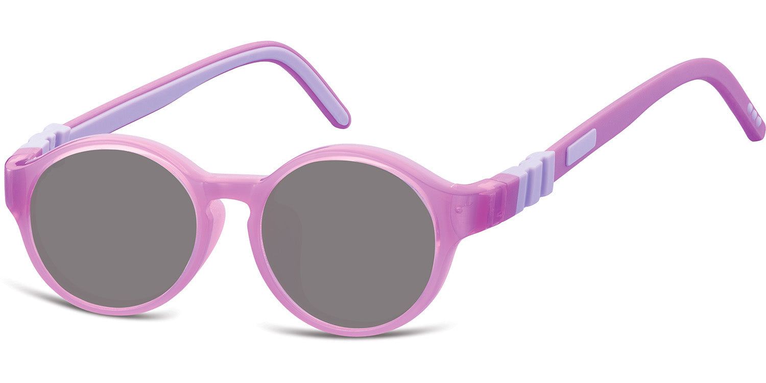 Runde, rosa Sonnenbrille. Graue Gläser, rosa Rahmen und Bügel. Lila Akzente an den Bügeln.