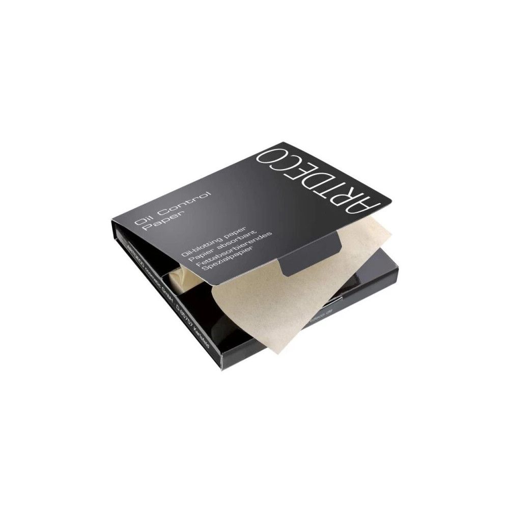 Schwarze Verpackung mit "ARTDECO Oil Control Paper"-Aufdruck. Geöffnete Schachtel mit herausragenden, quadratischen Ölpapieren.