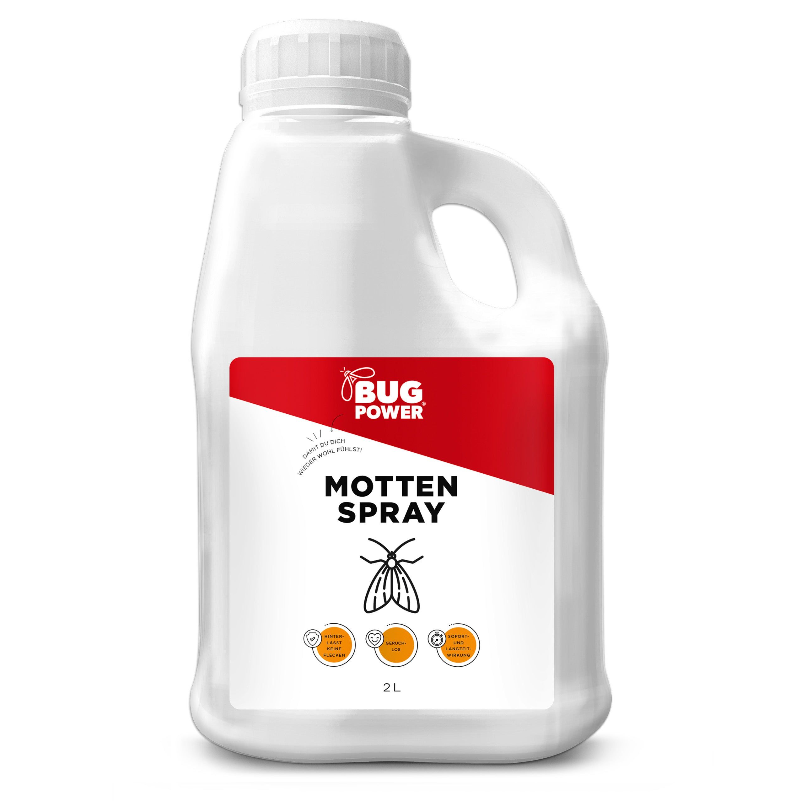 Weiße Flasche mit rotem Etikett. Aufschrift: MOTTTEN SPRAY. Logo: BUG POWER. 2L.