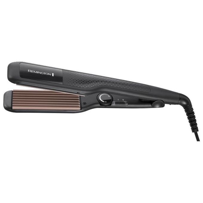 Haarcreppeise, schwarz mit braunen Heizplatten. Drehregler und Ein/Aus-Schalter. Remington-Logo.