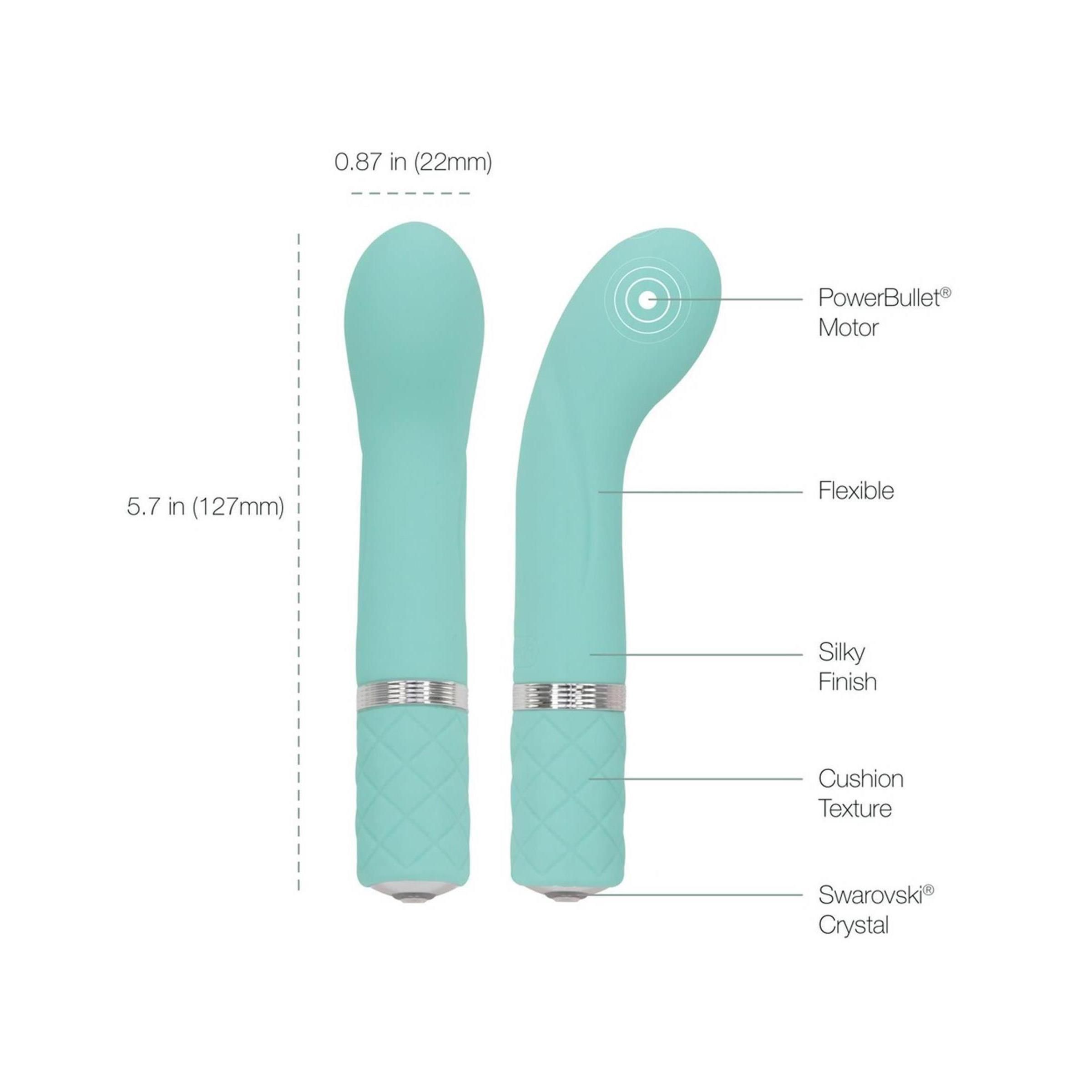Diagramm eines türkisfarbenen Vibrators mit Maßangaben. Beschriftungen: Flexible, Silky Finish, Cushion Texture.