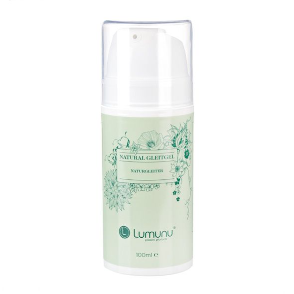 Zylindrische Flasche mit Pumpe. Aufschrift "NATURAL GLEITGEL" und "Lumunu". Grün-weiße Farbgebung. 100ml.