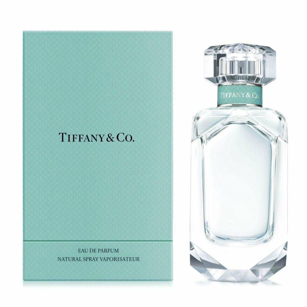 Hellblaues Parfümflakon neben hellgrüner Schachtel. Auf der Schachtel steht "Tiffany & Co.".