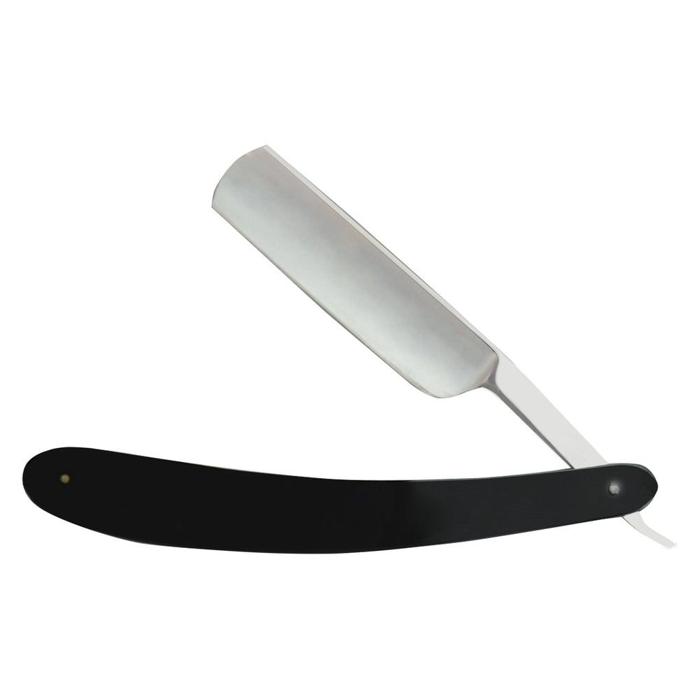 Rasierklinge mit schwarzem Griff. Klinge aus Metall, Griff gebogen. Offene Position.