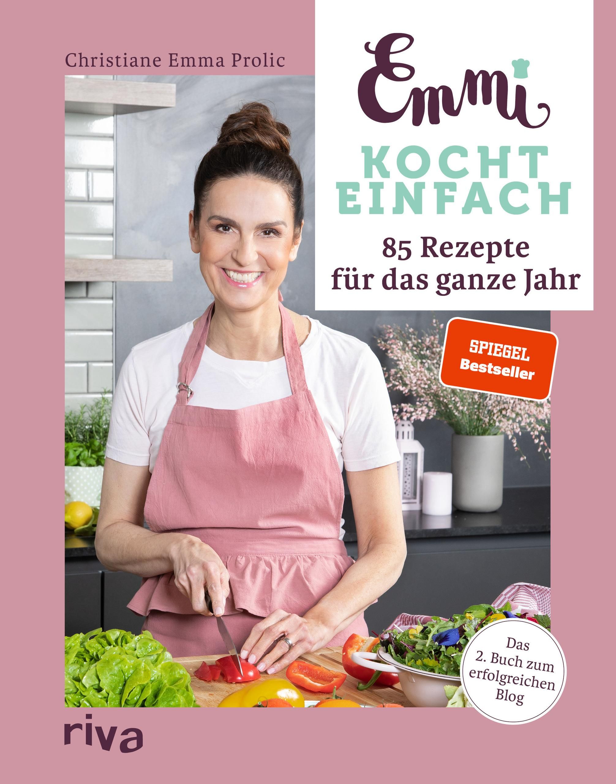 Buchcover mit Frau, Titel: Emmi kocht einfach, 85 Rezepte. Spiegel Bestseller. Riva Verlag.