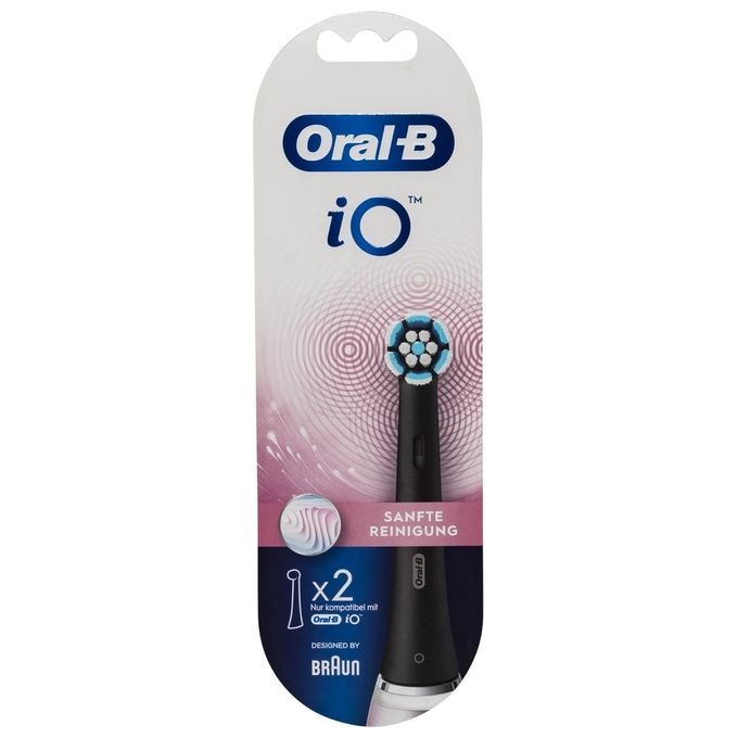 Verpackung mit zwei schwarzen Aufsteckbürsten. Marke Oral-B iO, Aufschrift "Sanfte Reinigung".