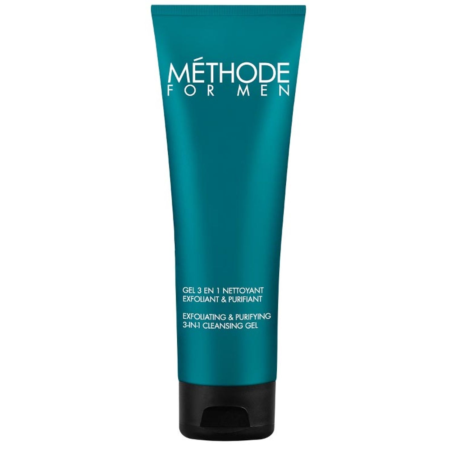 Türkisgrüne Tube mit schwarzem Deckel. Aufschrift: MÉTHODE FOR MEN, GEL 3 EN 1 NETTOYANT EXFOLIANT & PURIFIANT, EXFOLIATING & PURIFYING 3-IN-1 CLEANSING GEL.