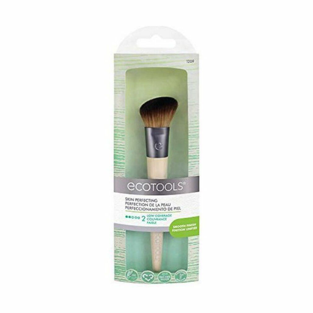 Ecotools Haut Perfecting Pinsel in Verpackung. Schwarze Borsten, silberne Manschette, heller Holzgriff. Produktname und Verpackung sichtbar.