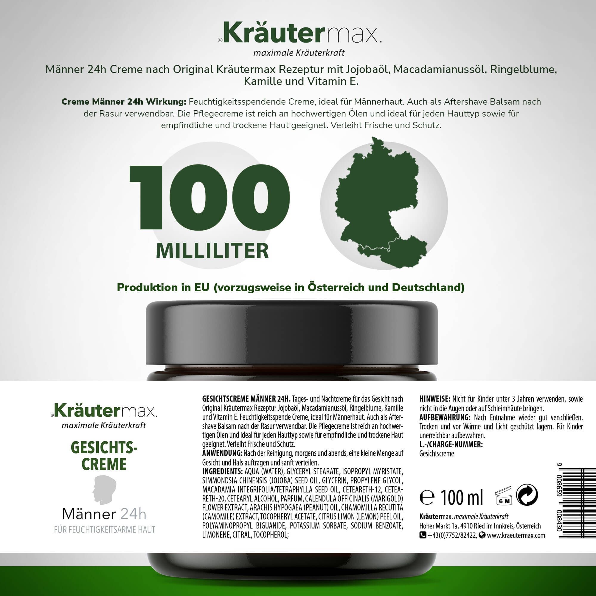 Rückseite der Kräutermax Gesichtscreme Männer 24h. Text mit Inhaltsstoffen, Anwendung und Produktionshinweis in EU.