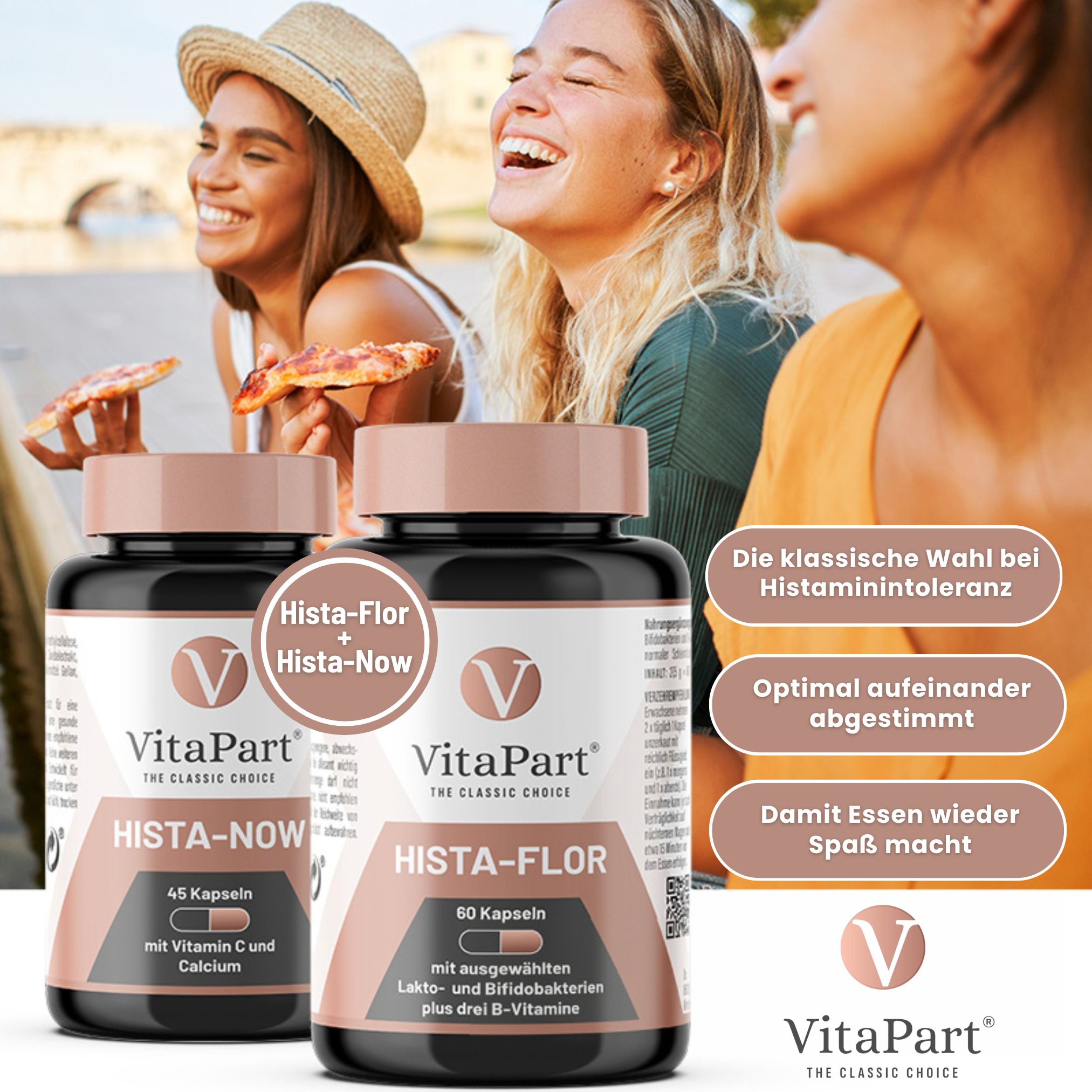 Zwei Flaschen Hista-Flor und Hista-Now von VitaPart. Text: Die klassische Wahl bei Histaminintoleranz.