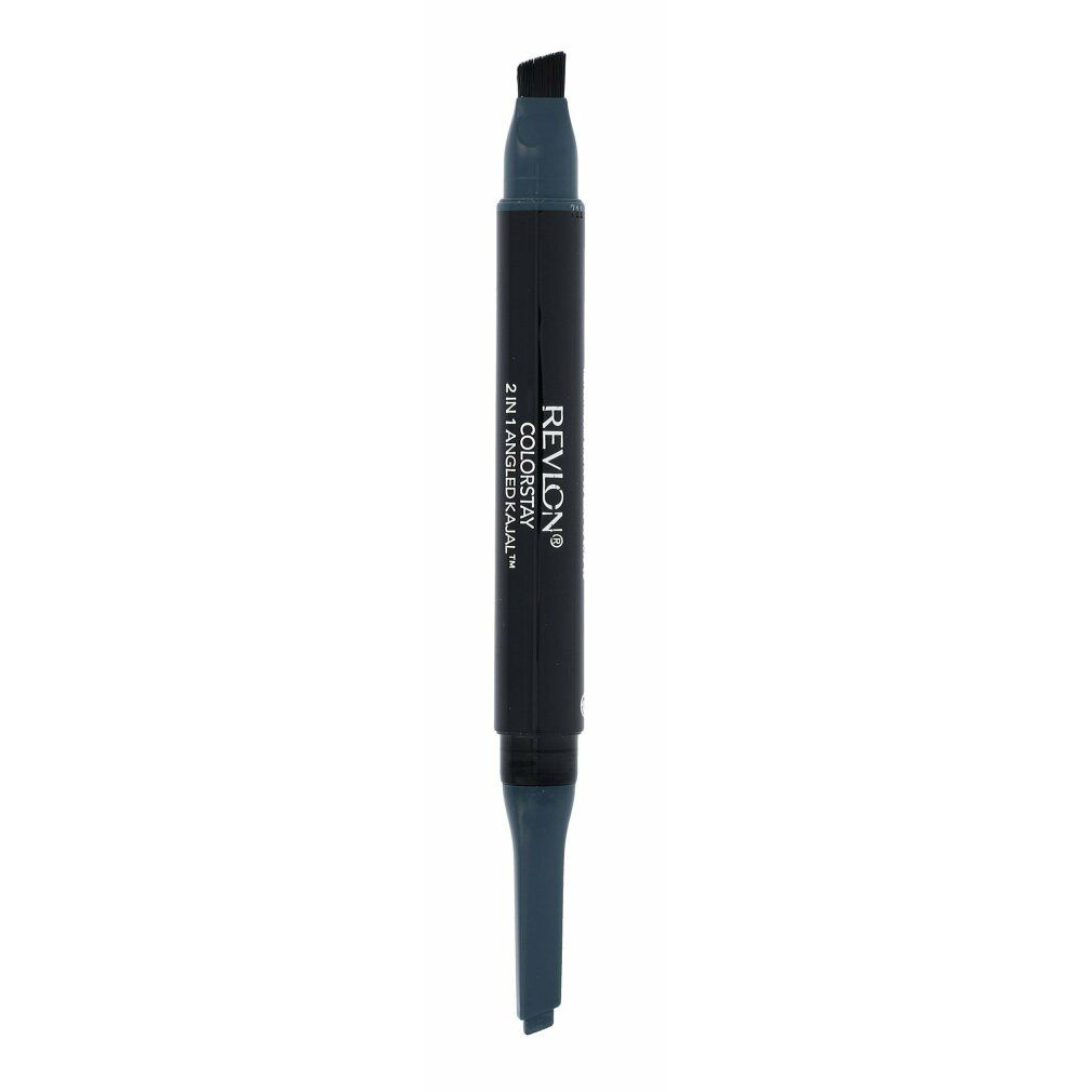 Doppel-Eyeliner. Schwarz-blauer Stift mit abgeschrägter Spitze und Produktbezeichnung. Revlon ColorStay 2 in 1 Angled Kajal.