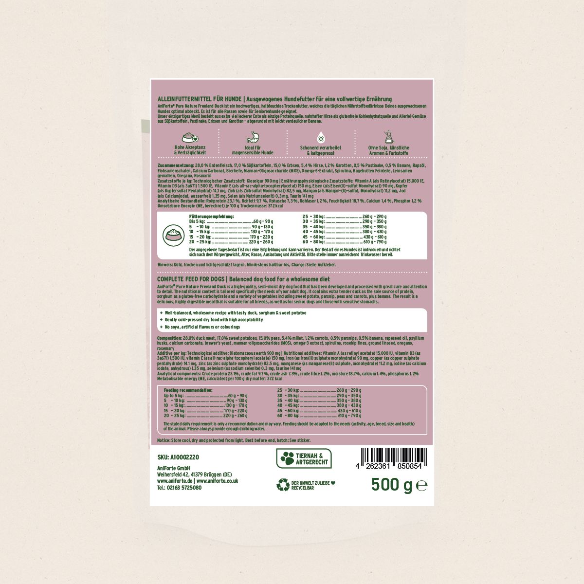 Rückseite der Verpackung von Hundefutter. Enthält Informationen zu Inhaltsstoffen, Fütterungsempfehlungen und Herstellerdetails. 500g.