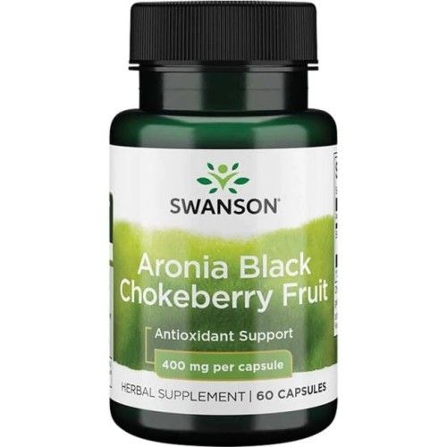 Grüne Flasche mit Swanson Aronia-Frucht-Kapseln. Aufschrift: Aronia Black Chokeberry Fruit, 400 mg pro Kapsel, 60 Kapseln.