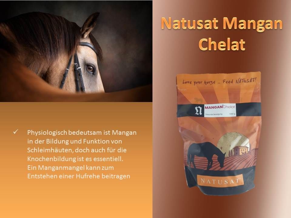 Beutel mit Produktaufdruck. Text: Natusat Mangan Chelat. Abbildung eines Pferdes. Text: Love your horse... Feed NATUSAT!