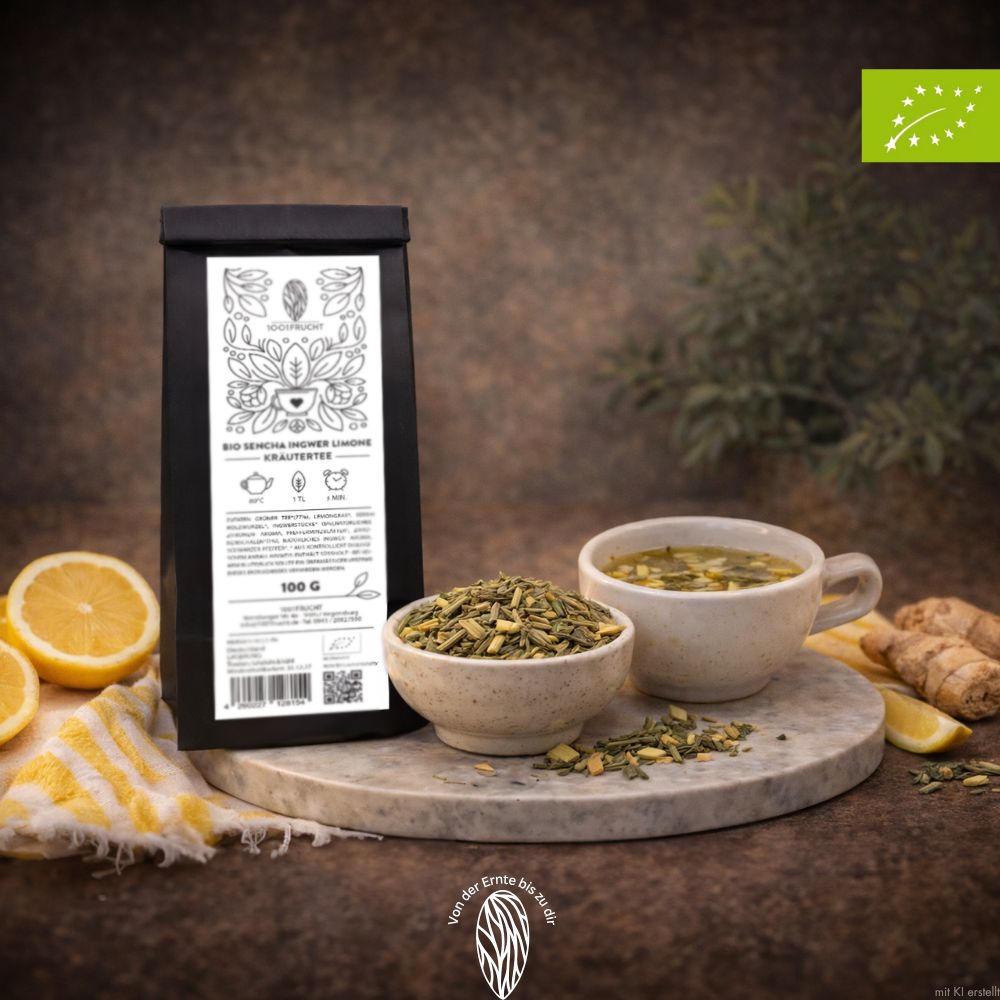 Packung Bio Sencha Ingwer Limone Kräutertee mit Schale und Tasse Tee.