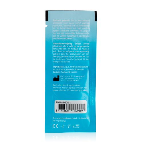 Rückseite eines EasyGlide Gleitmittel Beutels mit Inhaltsstoffen und Anwendungshinweisen.