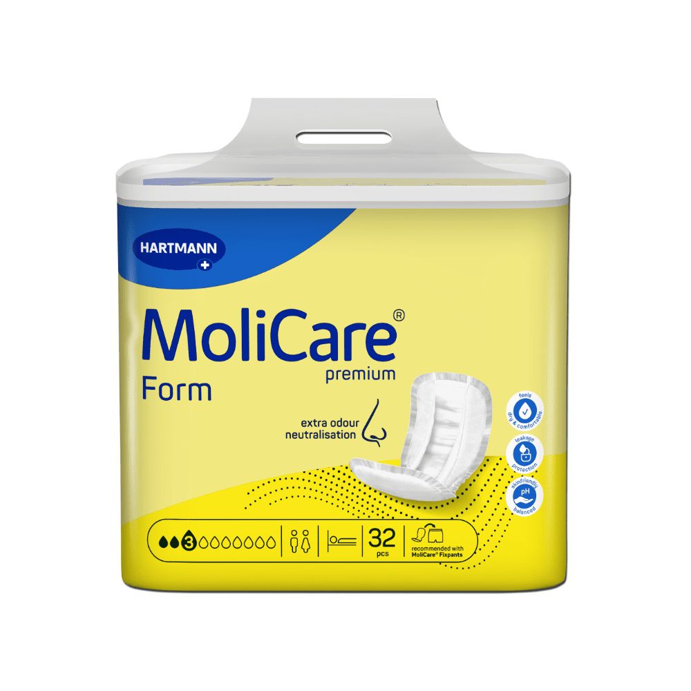 MoliCare Form Premium. Gelbe Verpackung mit 32 Stück. Hartmann Logo. Produktabbildung. Extra Geruchsneutralisation.
