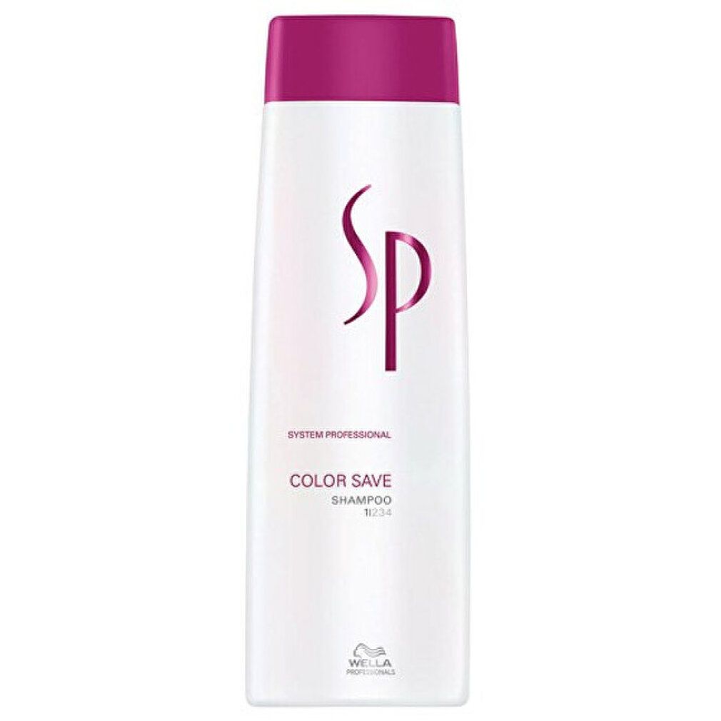 Weißes Shampoo-Flakon mit lila Deckel und SP-Logo. Text: Color Save, Shampoo. Wella.