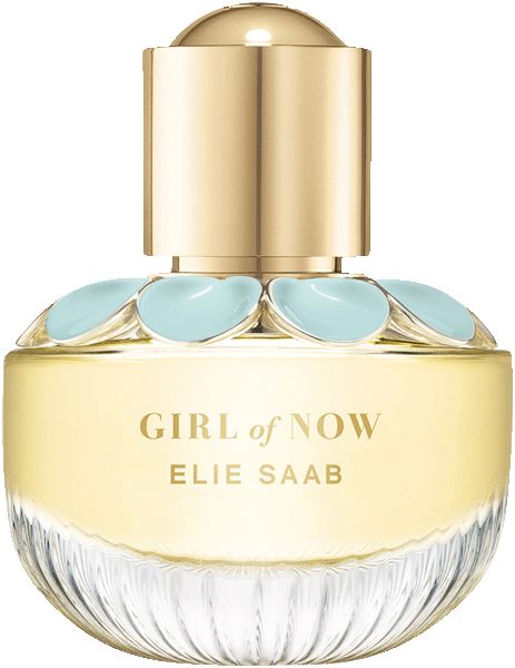 Elie Saab Girl of Now Eau de Parfum. Rundlicher Flakon mit goldfarbenem Verschluss. Hellblaue Blütenblätter am Hals. Text: GIRL of NOW, ELIE SAAB.