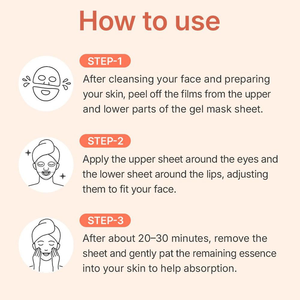 Anleitung zur Anwendung einer Gelmaske: Schritt 1: Folien abziehen. Schritt 2: Maske auflegen. Schritt 3: Nach 20-30 Min. entfernen und einmassieren.