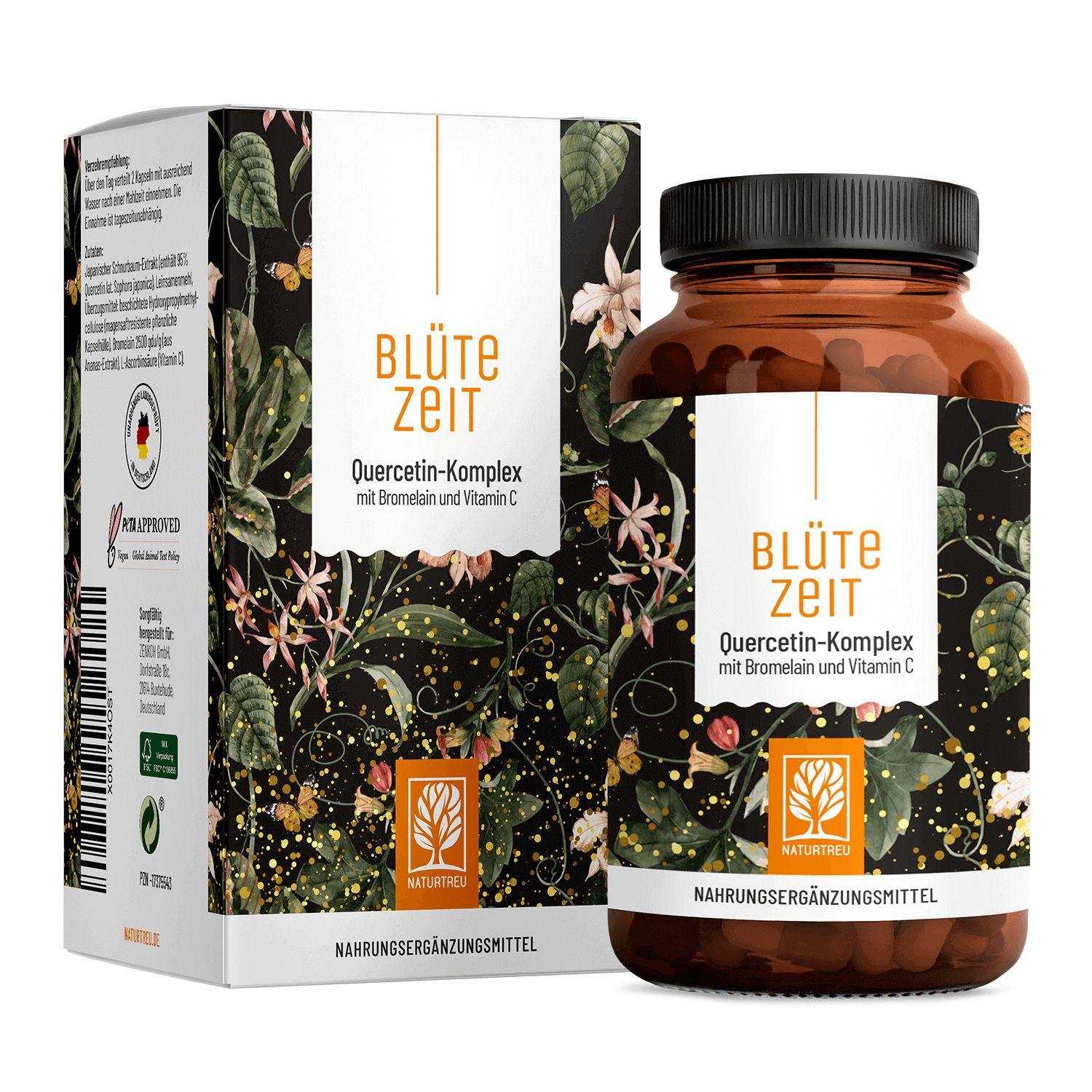 Braune Glasflasche und Schachtel mit "Blütezeit" und "Quercetin-Komplex". Verpackung mit floralem Muster und NATURTREU® Logo.