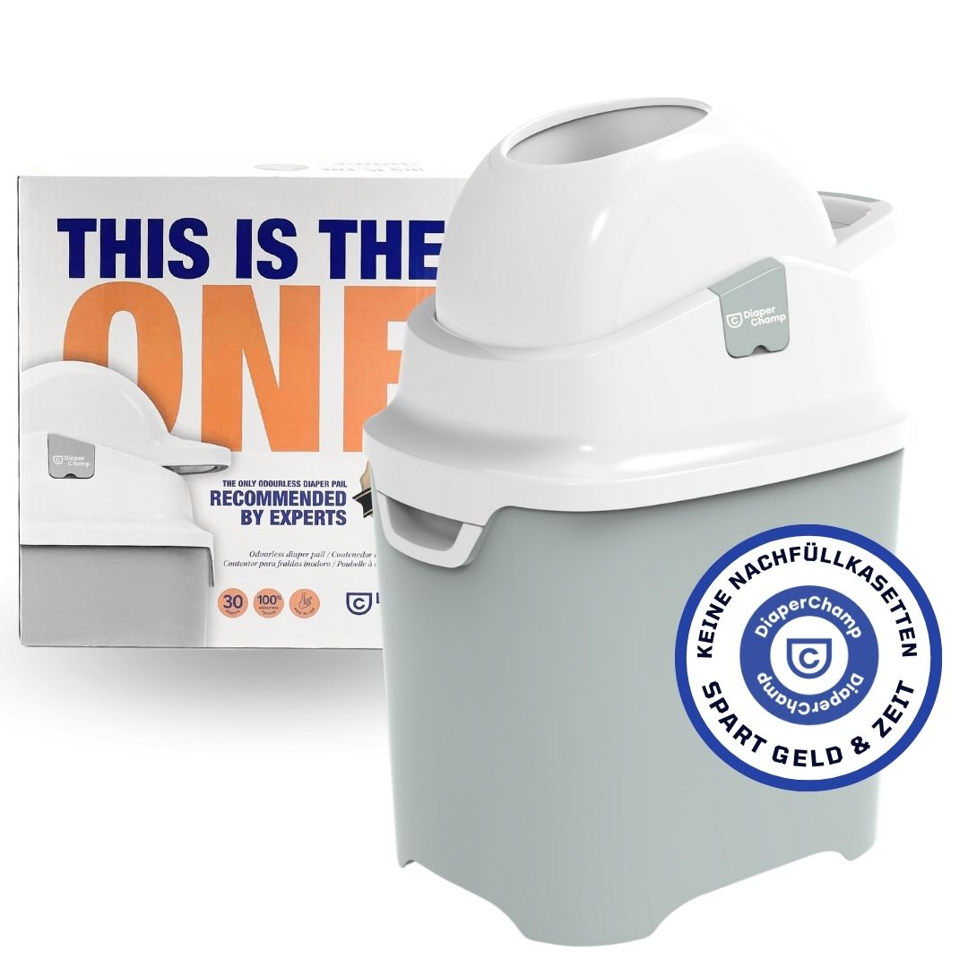 Windeleimer Diaper Champ One, grau-weiß. Mit Verpackung, Text: "THIS IS THE ONE". Logo und Text: "Diaper Champ".