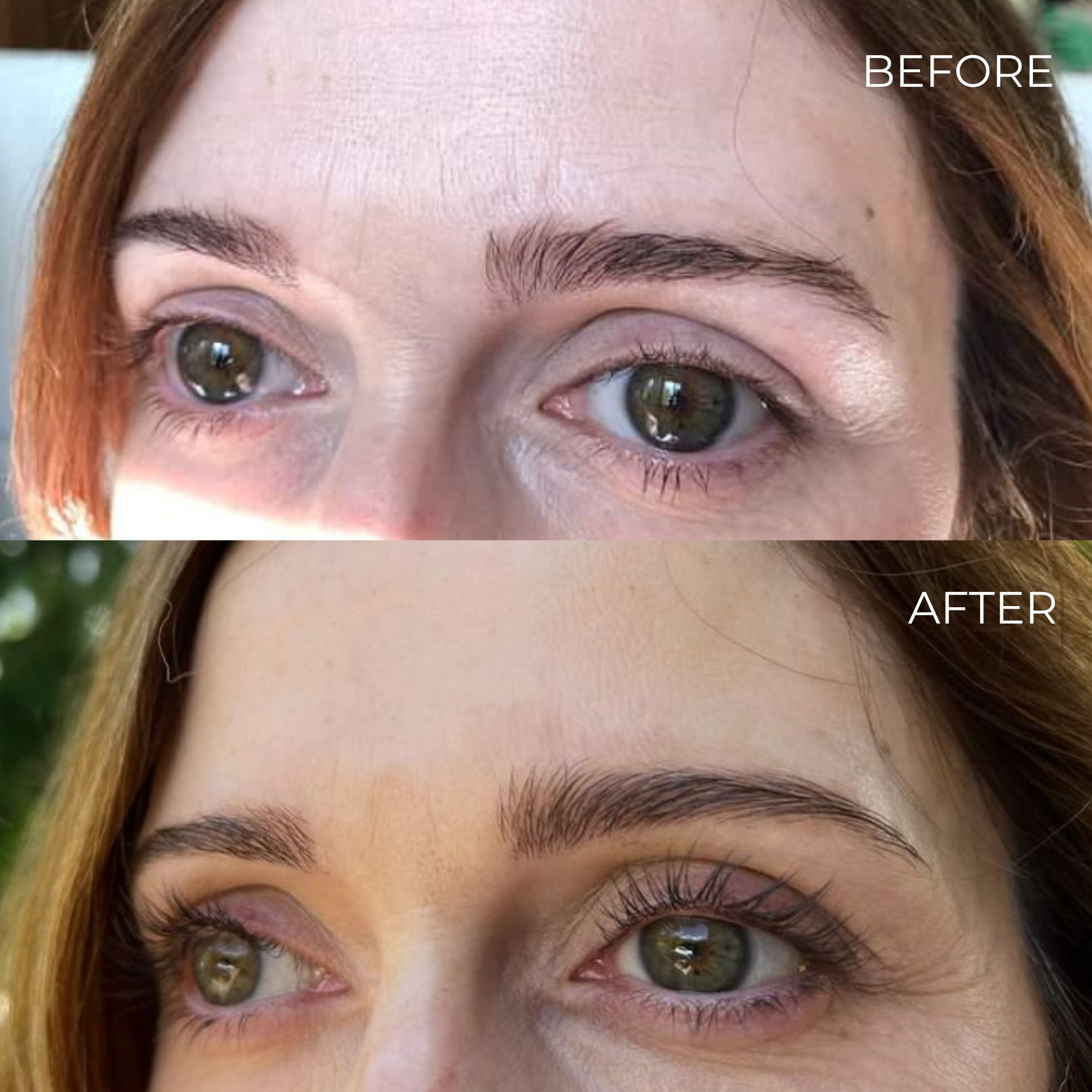 Vorher-Nachher-Vergleich. Augen mit längeren Wimpern. Oben: kurze Wimpern. Unten: längere, vollere Wimpern.