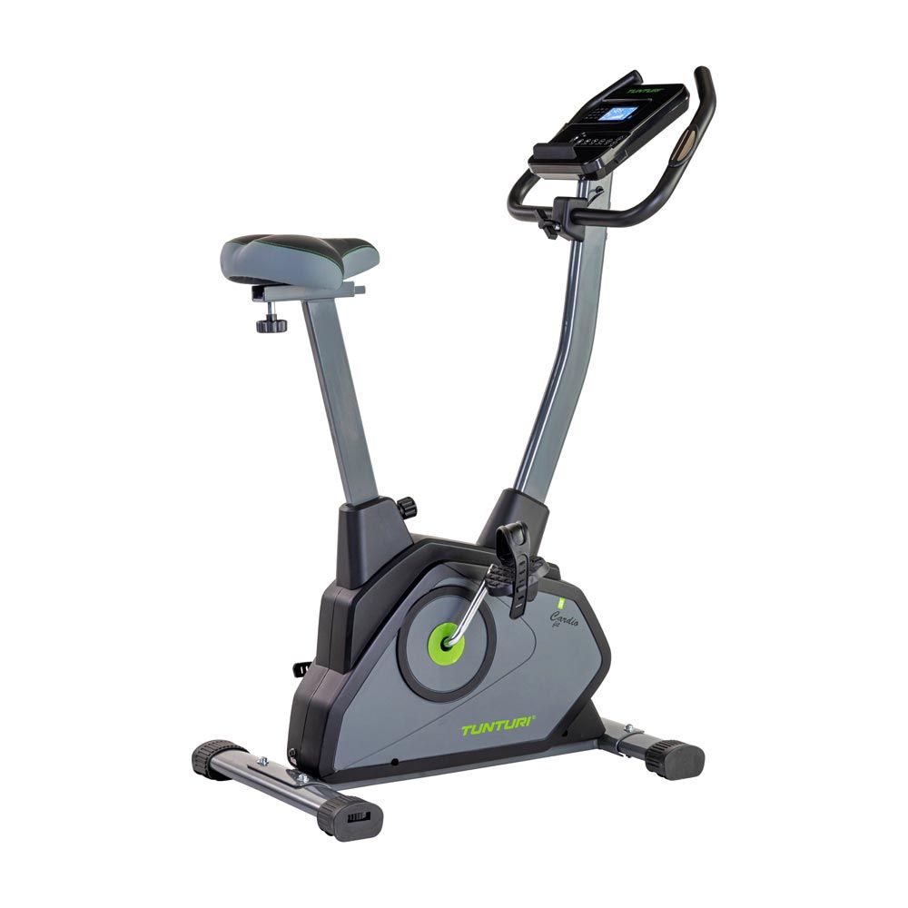 Graues Heimtrainer. Schwarzer Sitz und Lenker. Tunturi-Logo auf dem Gehäuse. Pedale und Stützfüße sind sichtbar.