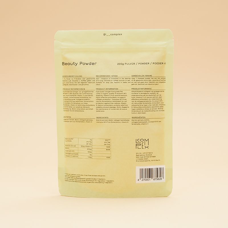 Rückseite des "Beauty Powder"-Beutels. Enthält Produktinformationen, Inhaltsstoffe und Nährwertangaben. L-COMPLEX-Logo und Barcode.
