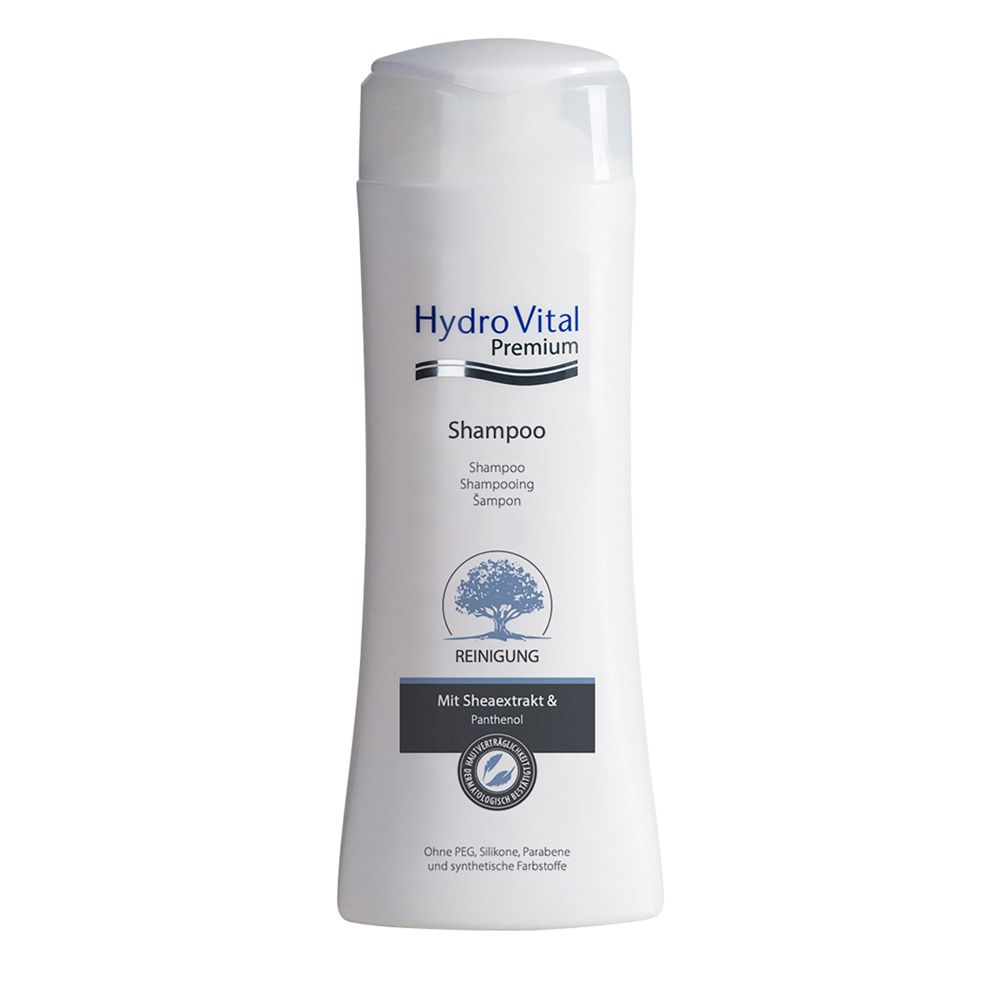 Weiße Shampoo-Flasche mit blauem Etikett. Enthält Sheaextrakt und Panthenol. Produktname: HydroVital Premium Shampoo.
