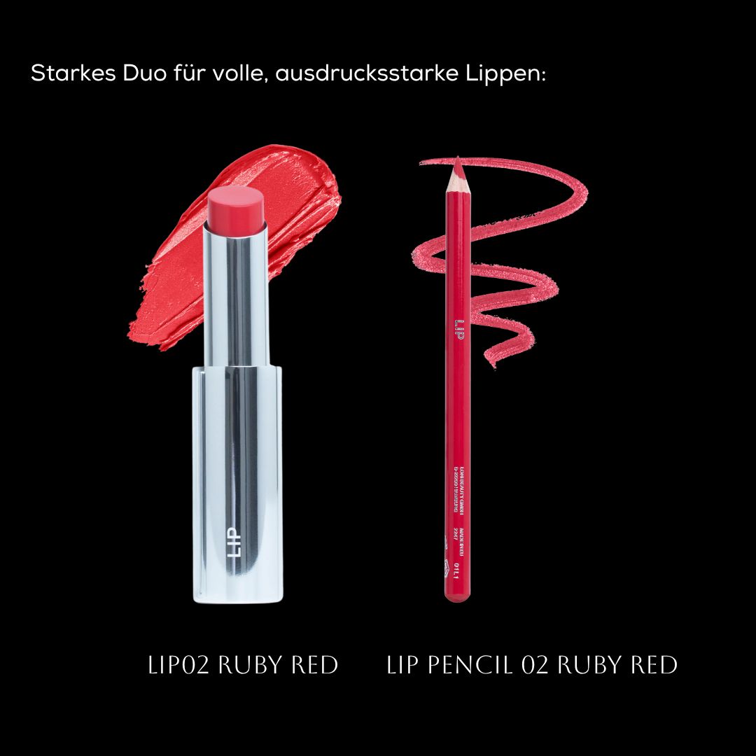 Roter Lipliner und silberner Lippenstift mit roten Swatches.