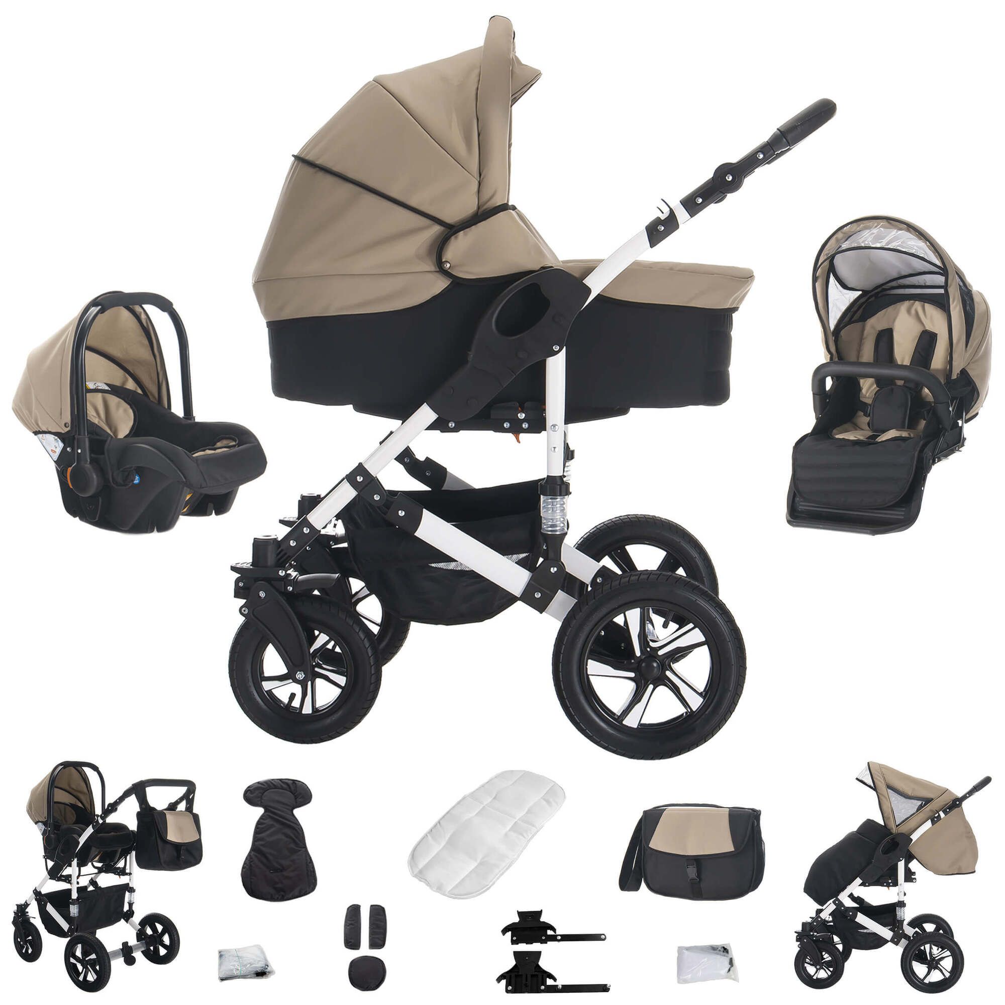 Kinderwagen-Set in Flotaupe mit Hartgummireifen. Enthält Babywanne, Sportsitz, Babyschale und Zubehör. Schwarz-weißes Gestell.