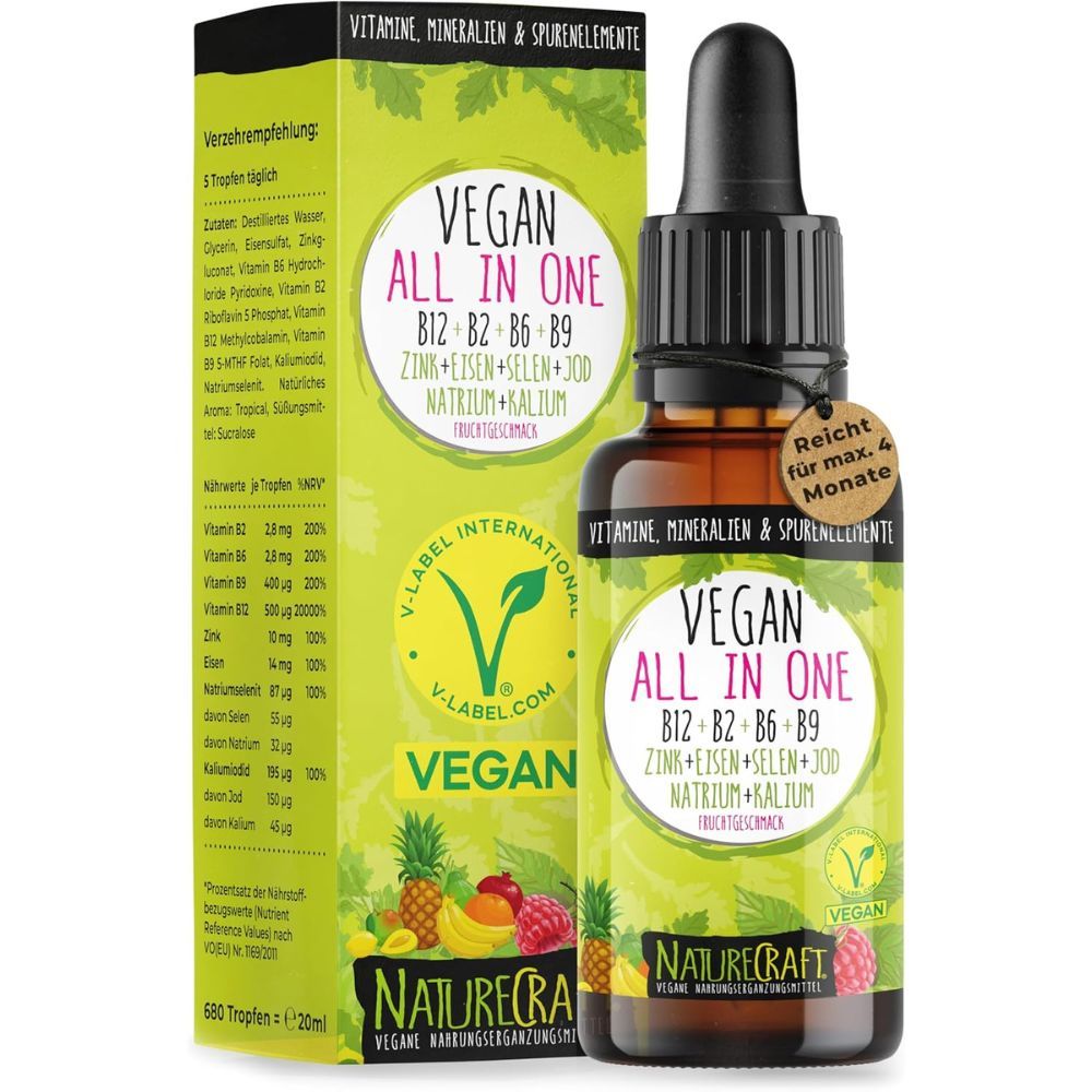 Braune Glasflasche mit Tropfer und grüner Verpackung. Aufschrift: Vegan All in One, V-Label, NatureCraft. Enthält Vitamine und Mineralien.