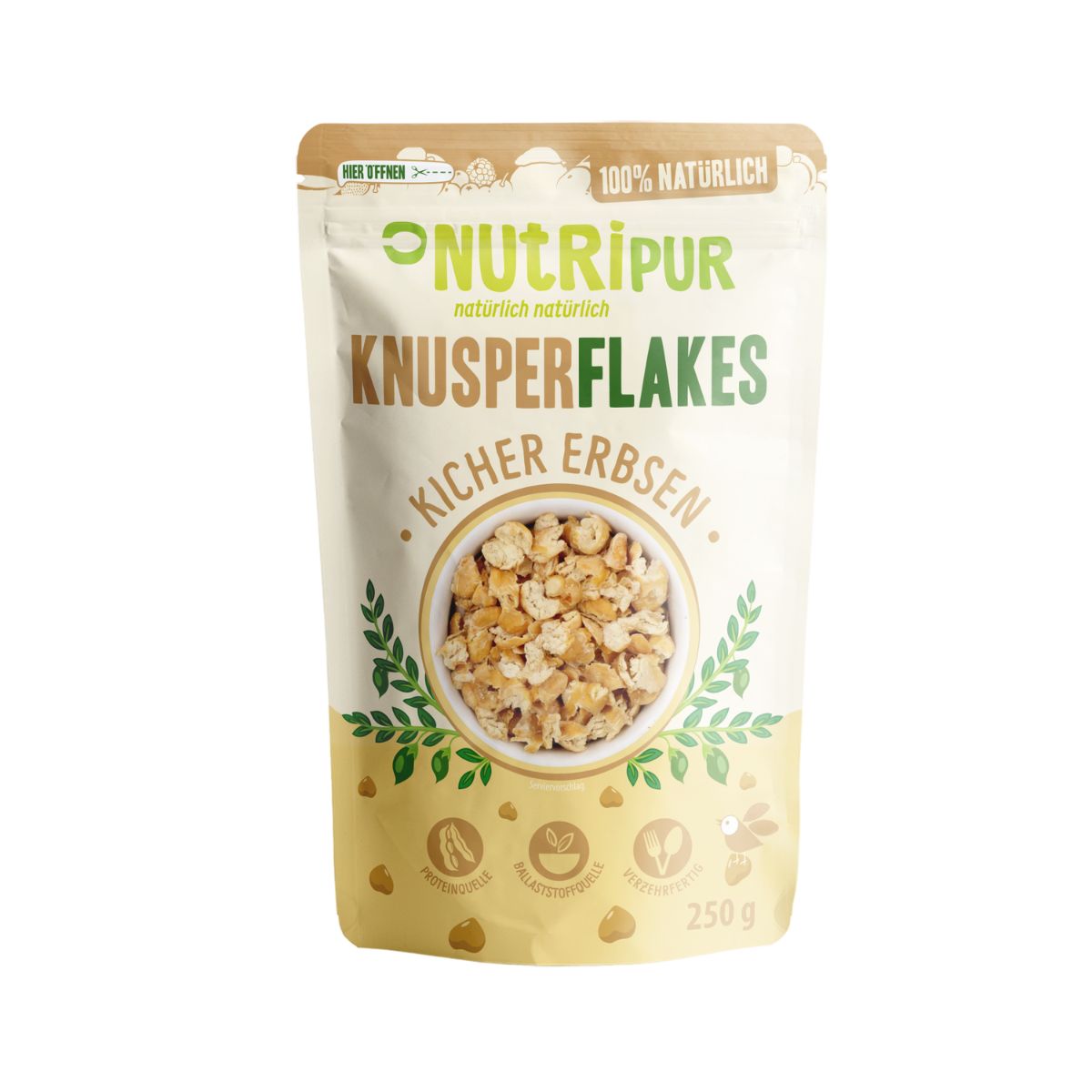 Packung Knusperflakes Kichererbsen, Marke NutriPur. Aufschrift: 100% natürlich. Auf dem Beutel ist eine Schüssel mit Flakes abgebildet. Inhalt: 250g.