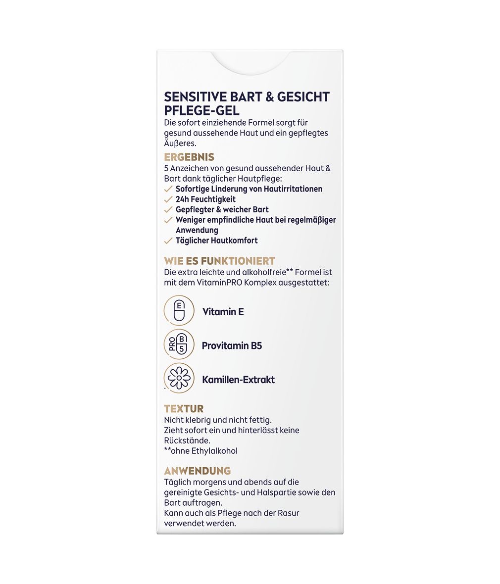 Rückseite der NIVEA MEN Bart & Gesichtspflege Gel Sensitive Verpackung. Text mit Produktinformationen und Inhaltsstoffen.
