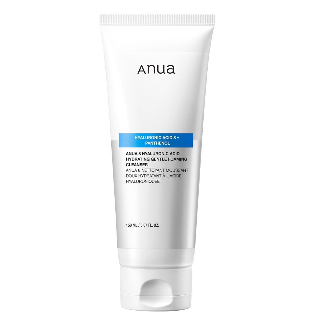 Weiße Tube mit blauem Streifen. Aufschrift: Anua, Hyaluronic Acid 8+ Panthenol. Produktname und Inhaltsstoffe.