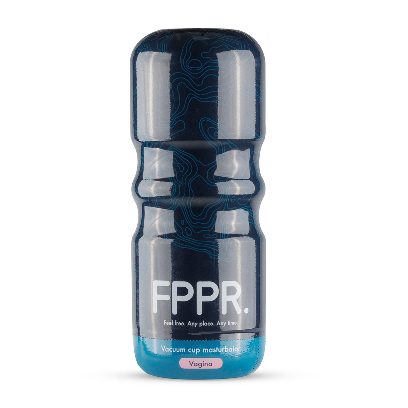 Zylindrisches Masturbationsgerät mit blauem Muster und der Aufschrift "FPPR". Unterseite blau, mit dem Wort "Vagina".