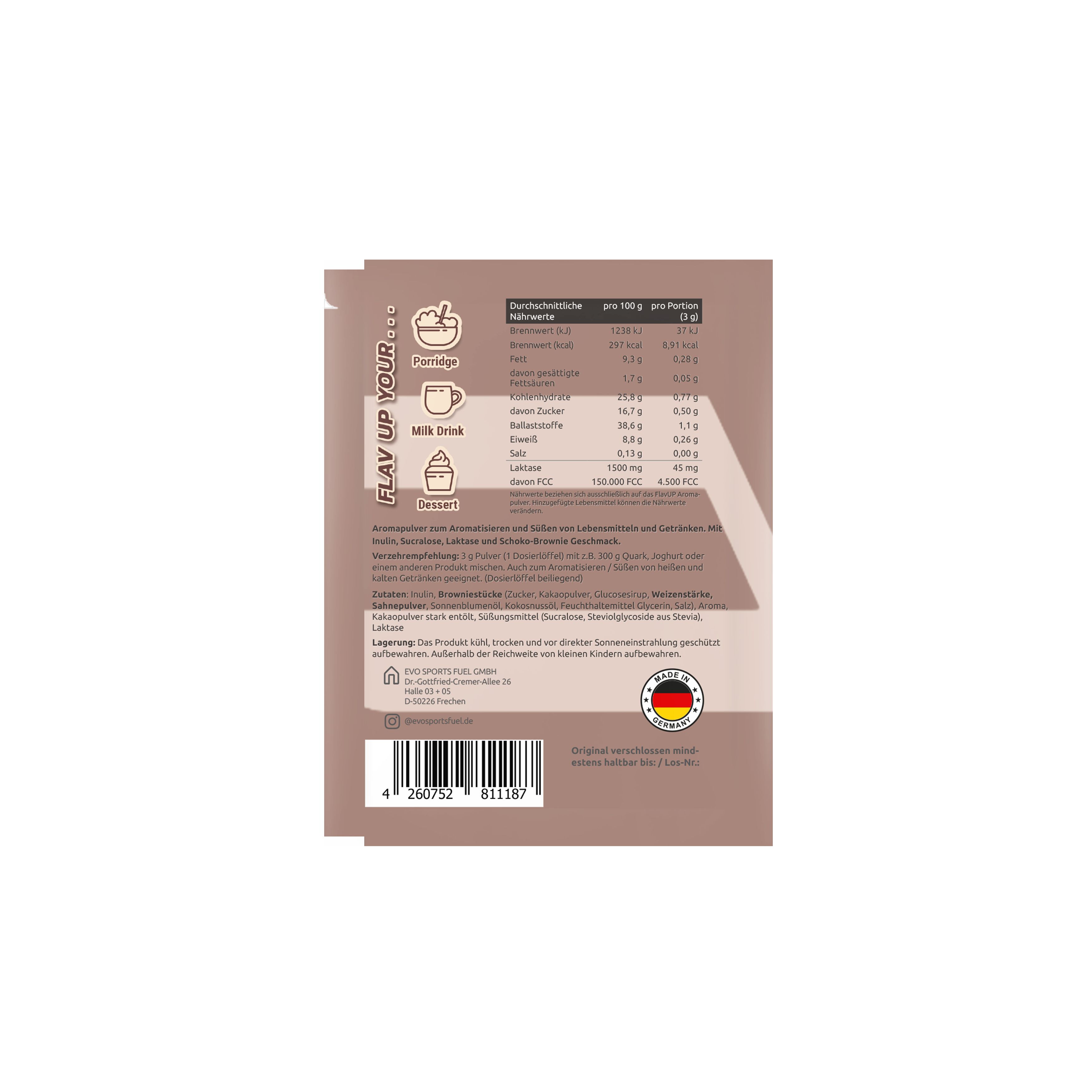 Rückseite der Aromapulver-Verpackung. Aufdruck: FlavUp, Nährwertangaben, Zutatenliste, Herstellerinformationen, Barcode, Hergestellt in Deutschland.