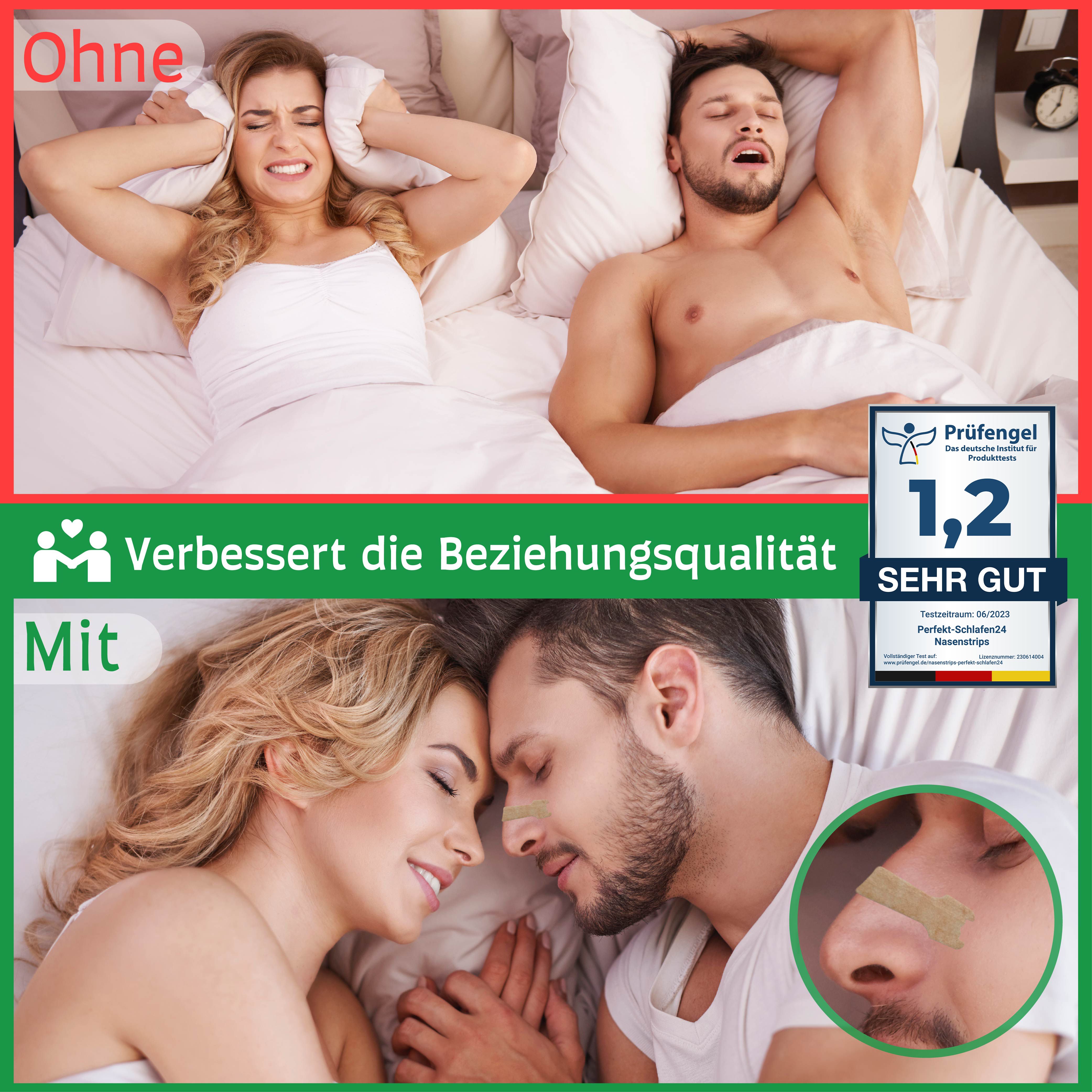 Vergleich: Ohne und Mit Nasenstrips. Ohne: Schnarchen. Mit: Schlafendes Paar. Prüfzeichen.