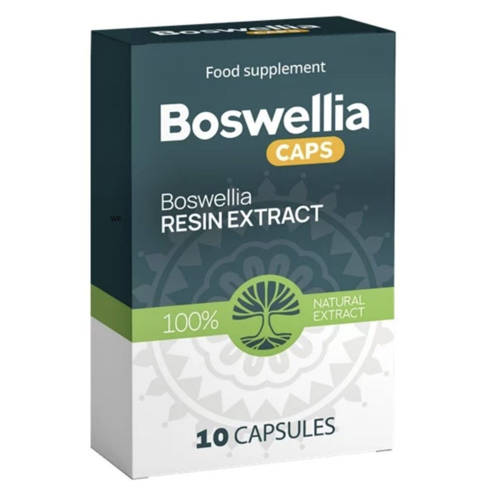 Kartonverpackung mit Produktnamen und Schriftzug "CAPS". Grün-weiße Farbgebung. Enthält 10 Kapseln. Aufdruck "Boswellia Resin Extract".