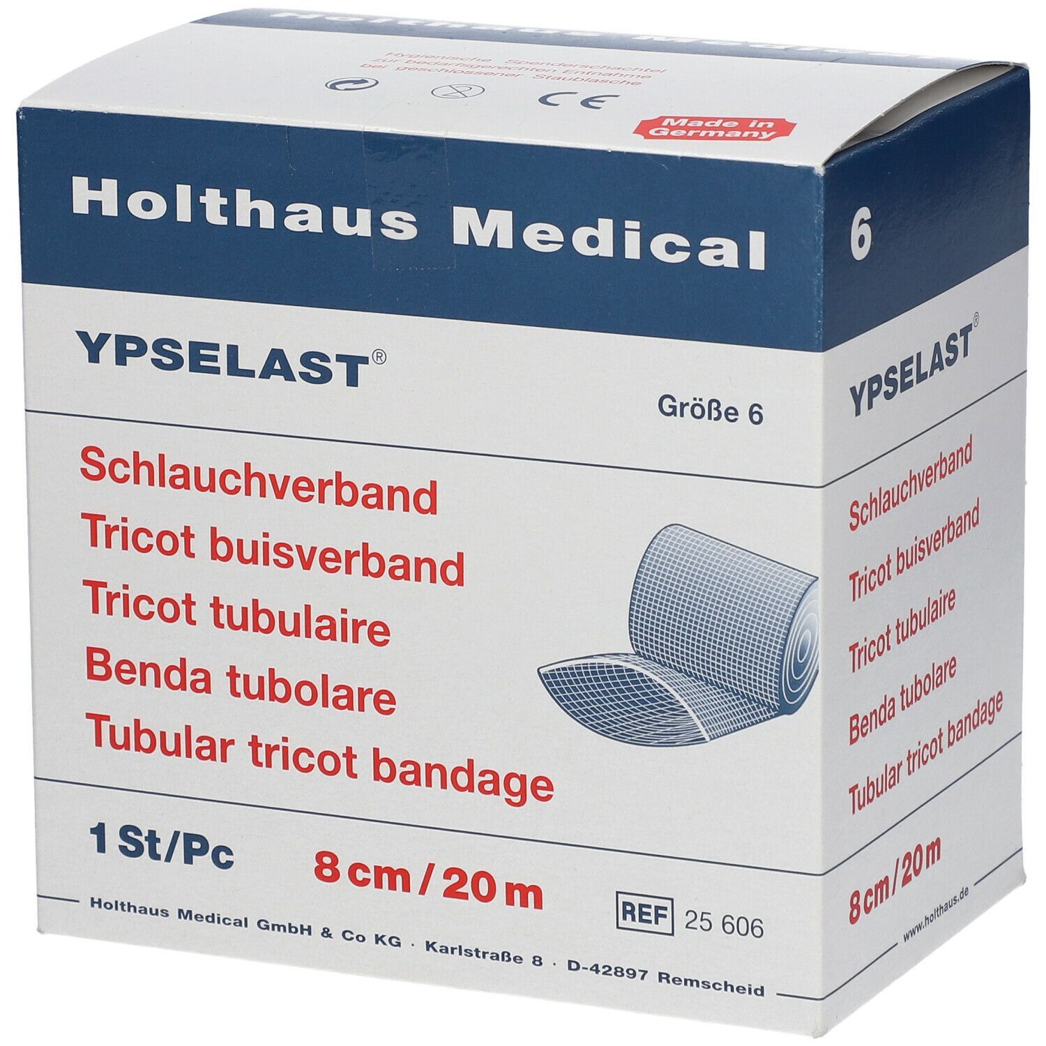 Verpackung von YPSELAST® Schlauchverband. Marke Holthaus Medical. Größe 6. Enthält 1 Stück. Maße: 8 cm/20 m.