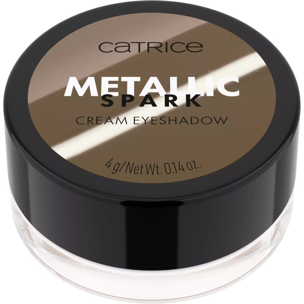 Creme-Lidschatten in Glasbehälter. Deckel mit Produktnamen und -details. Marke Catrice, Metallic Spark, Cream Eyeshadow, 4g/Net Wt. 0.14 oz.